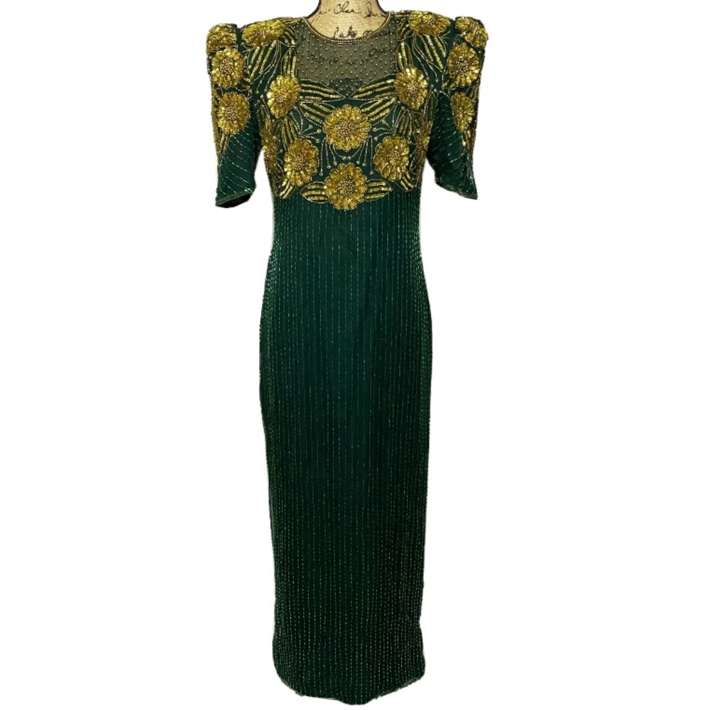 VTG Night Vogue Green Gold Embellished Maxi Dress - Picture 1 of 12